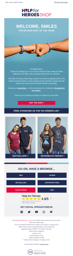 Help For Heroes Shop welcome email