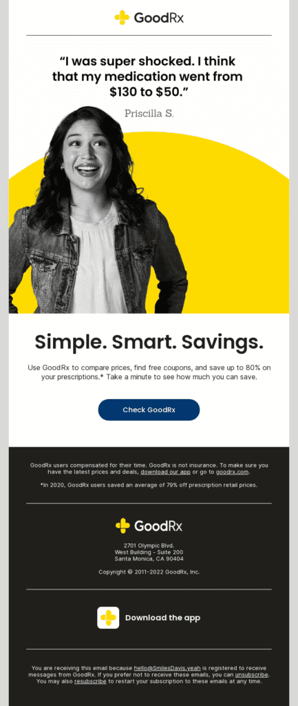 GoodRx leads their welcome emails with a customer review