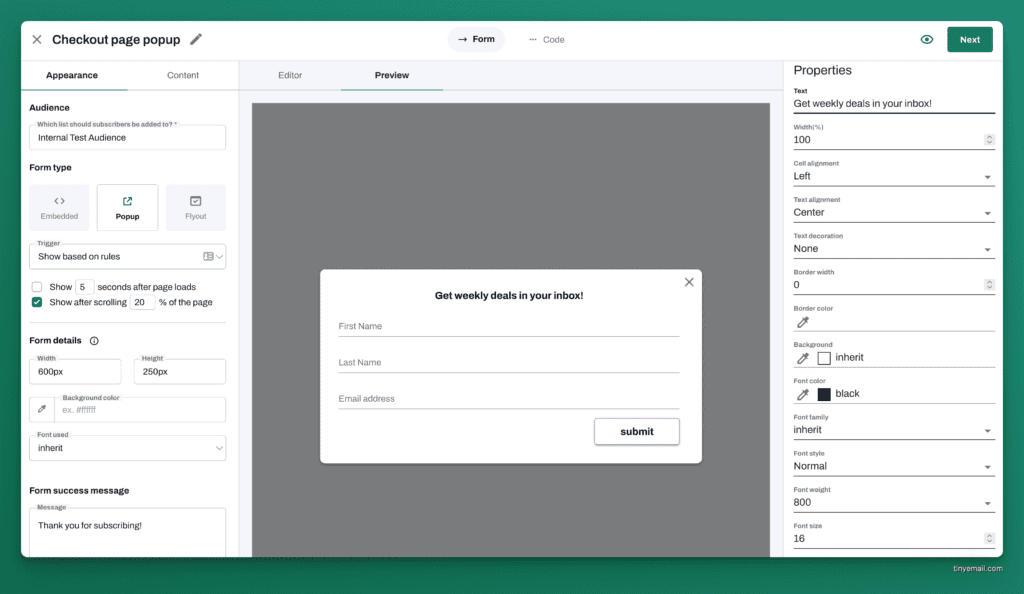 easily create forms of different types with tinyEmail